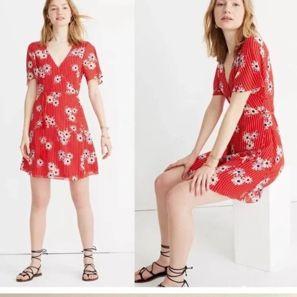 Madewell Button Wrap Dress Daisy Society Floral Red Lightweight Casual Womens